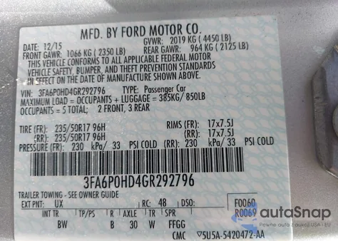 2016 Ford Fusion Se from USA, damaged, VIN 3FA6P0HD4GR292796